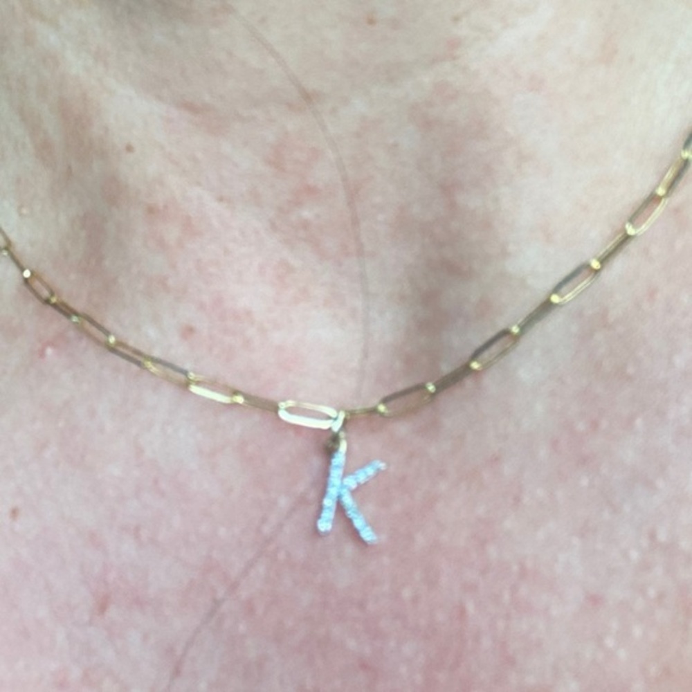 2pc set 14K Gold Diamond initial Pendant & 16” chain K initial